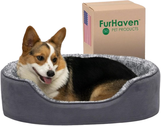 furhaven two-tone faux fur oval dog bed for small breeds